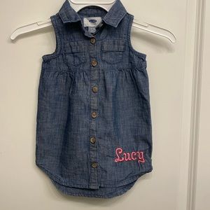 Old Navy Chambray Dress monogrammed with “Lucy” in pink